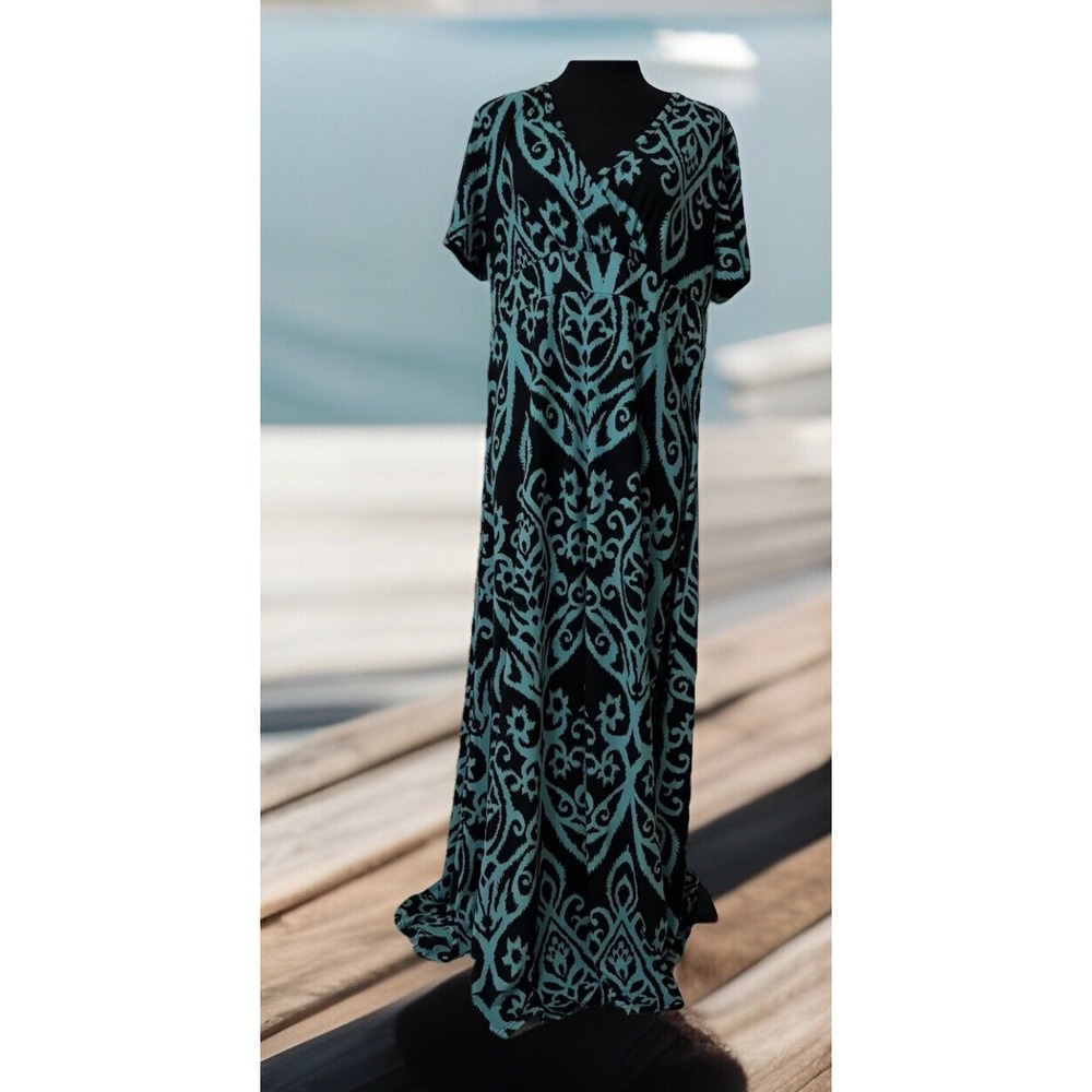 NWT Karalin Maxi Dress Women Sz 14W Teal/Black Aztec Print Banded Waist y2k